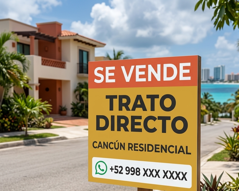 Letrero de se vende trato directo frente a casas residenciales en Cancún, representando los retos de vender una propiedad sin asesor inmobiliario.